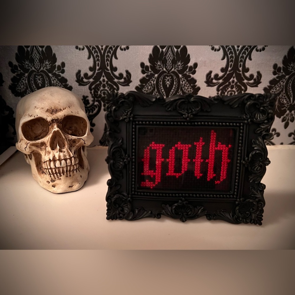 Handmade “Goth” cross stitch completed